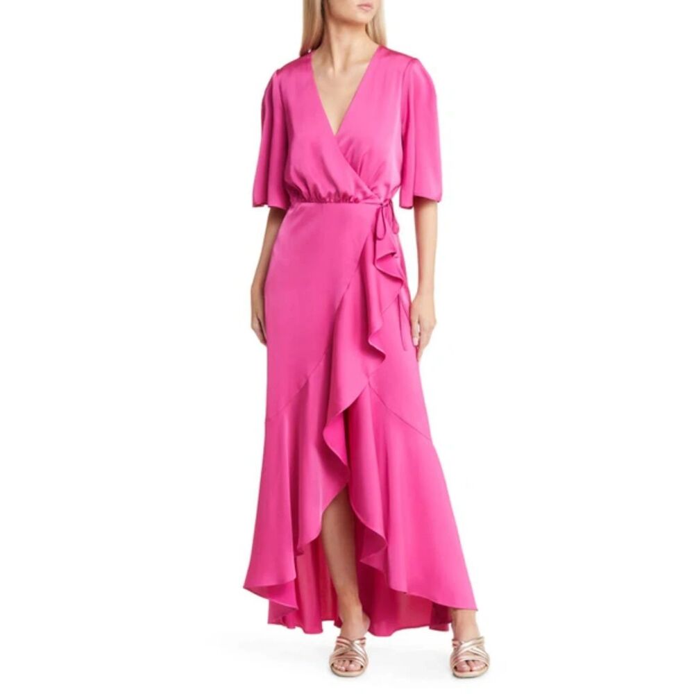 River Island Maxi Dress 8 Wrap Ruffle Party Barbiecore Bridesmaid Dressy Pink